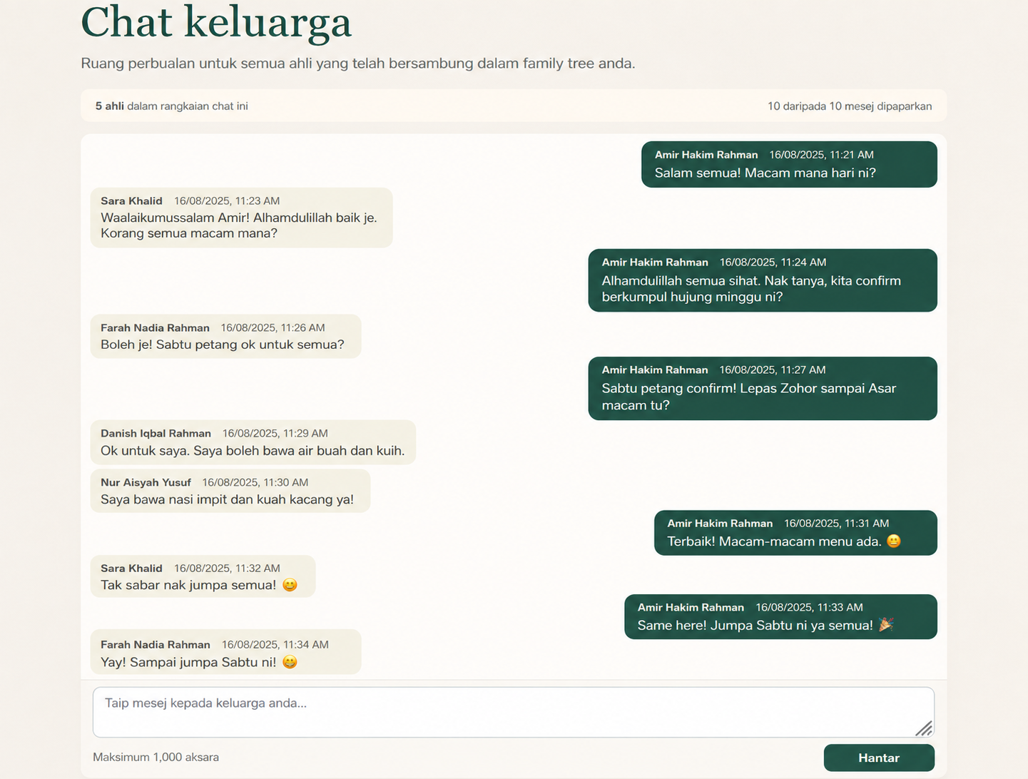 Paparan ruang chat keluarga